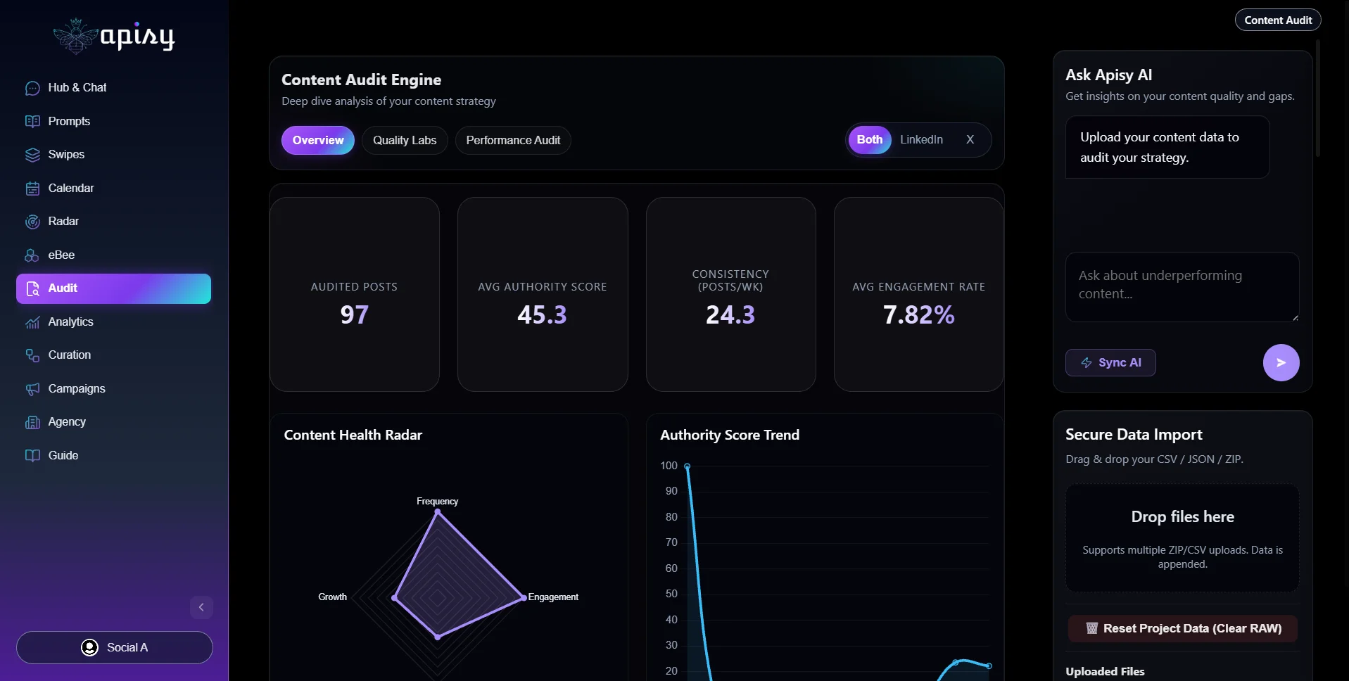 Apisy Content Audit Engine with health radar